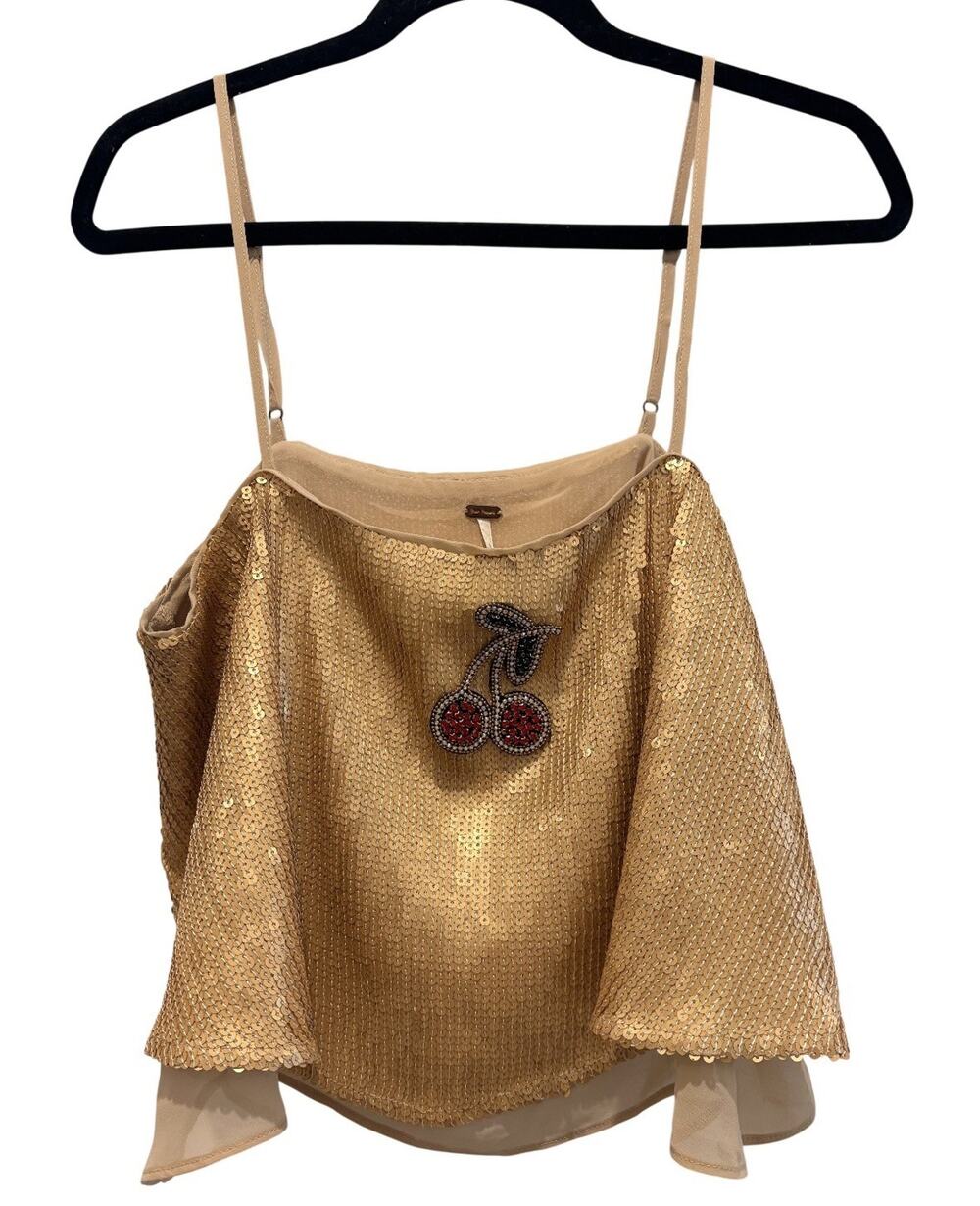 Free People NWOT Fruit Punch Sequin Beaded Cherry Appliqué Boho Boxy Crop Top